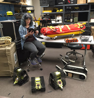 Martha Wells reading to search and rescue robots at the Texas A&M center for robot-assisted search and rescue